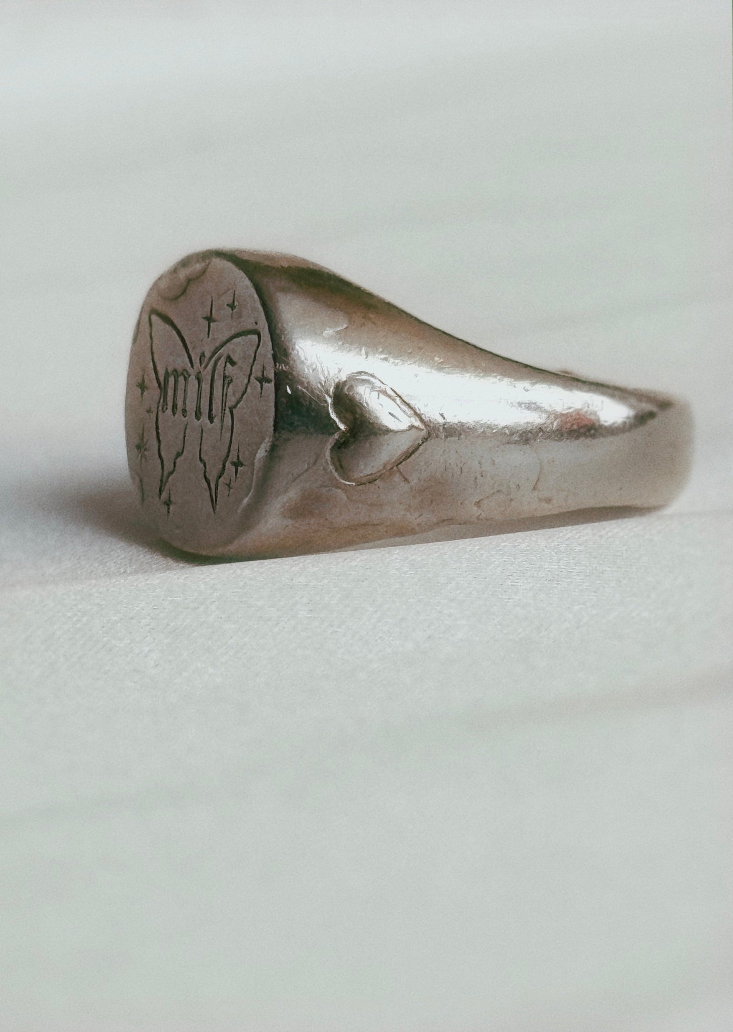 'milf' Butterfly Silver Signet Ring