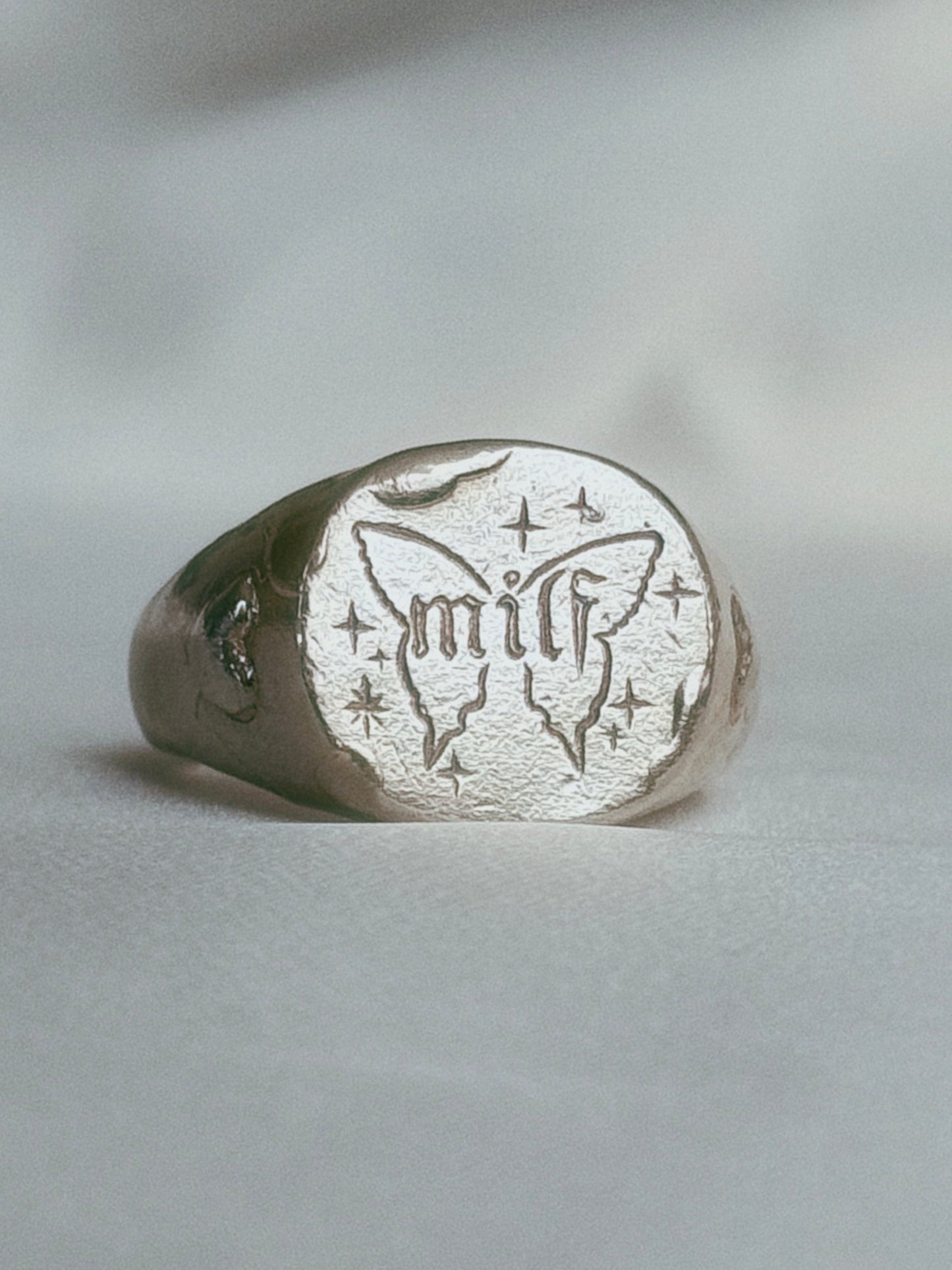 'milf' Butterfly Silver Signet Ring