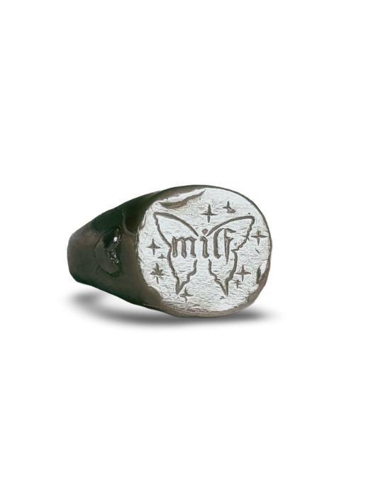 'milf' Butterfly Silver Signet Ring